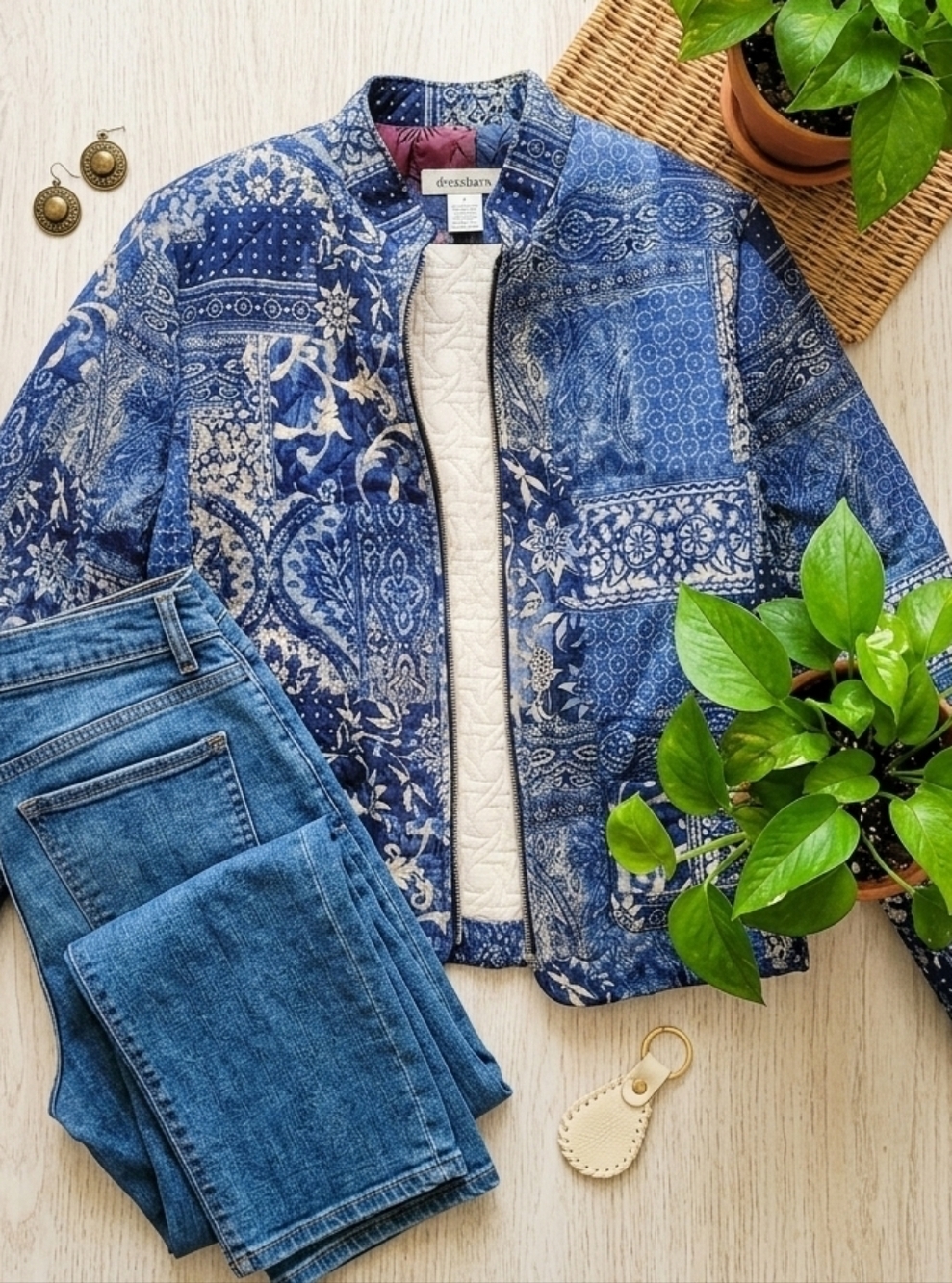 Vintage Dressbarn Quilted Jacket Small Blue White Patchwork Paisley Made in USA